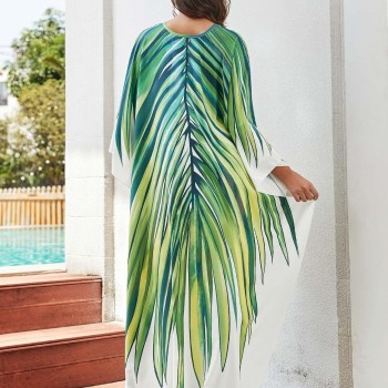 Tropical Leaf Print Plus Size Caftan – Bohemian Beach Cover Up Dress