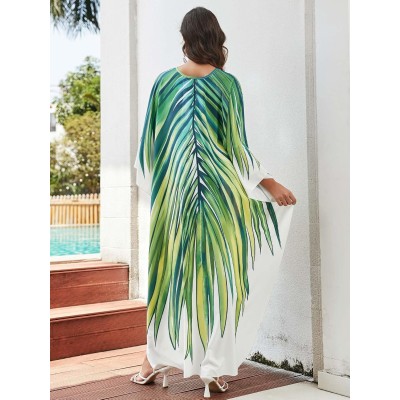 Tropical leaf print plus size caftan bohemian beach cover up dress