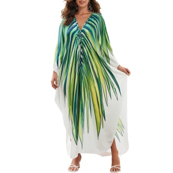 Tropical Leaf Print Plus Size Caftan – Bohemian Beach Cover Up Dress