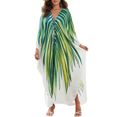 Tropical leaf print plus size caftan bohemian beach cover up dress