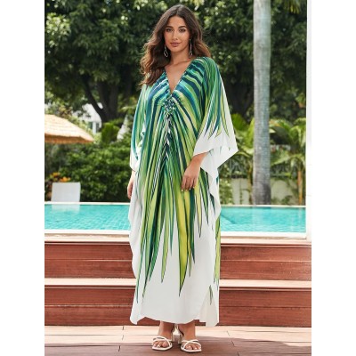 Tropical leaf print plus size caftan bohemian beach cover up dress