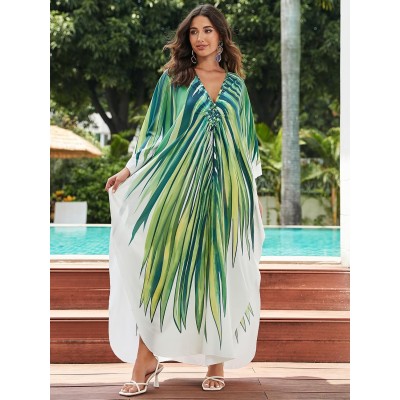 Tropical leaf print plus size caftan bohemian beach cover up dress