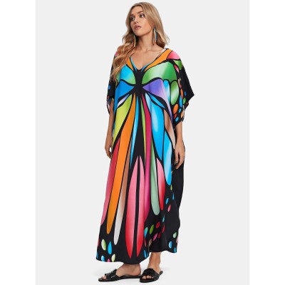 Plus Size Bohemian Butterfly Print Kaftan Dress - Beach Cover Up Plus Size Bohemian Butterfly Print Kaftan Dress