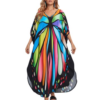 Plus Size Bohemian Butterfly Print Kaftan Dress - V-Neck Maxi Beach Cover Up
