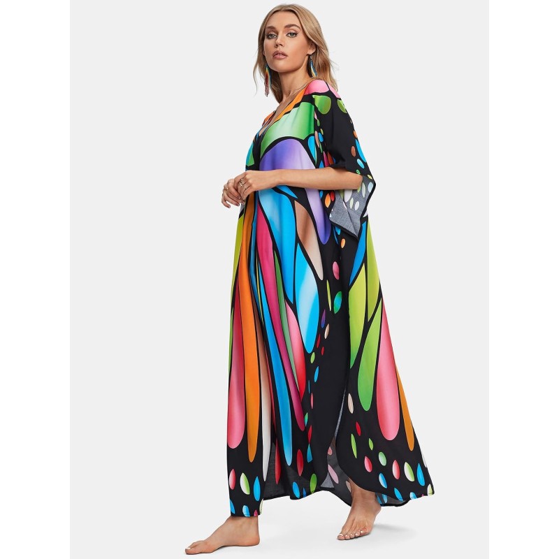 Plus Size Bohemian Butterfly Print Kaftan Dress - Beach Cover Up Plus Size Bohemian Butterfly Print Kaftan Dress