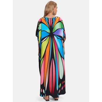 Plus Size Bohemian Butterfly Print Kaftan Dress - V-Neck Maxi Beach Cover Up