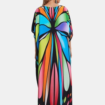 Plus Size Bohemian Butterfly Print Kaftan Dress - V-Neck Maxi Beach Cover Up Plus Size Bohemian Butterfly Print Kaftan Dress - V-Neck Maxi Beach Cover Up