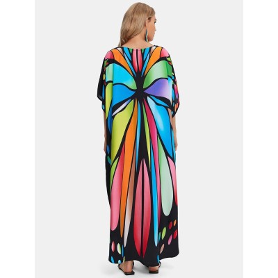 Plus Size Bohemian Butterfly Print Kaftan Dress - Beach Cover Up Plus Size Bohemian Butterfly Print Kaftan Dress