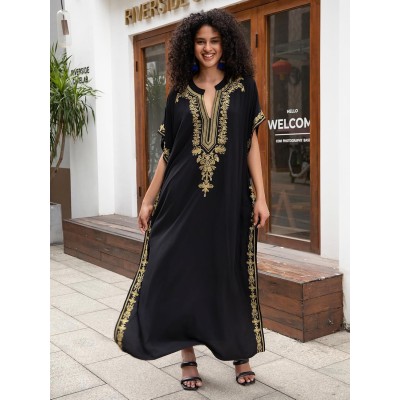 Bohemian Floral Plus Size Maxi Kaftan Batwing Sleeve Swim Cover Up