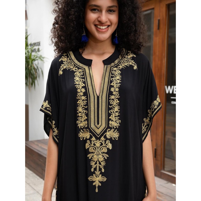 Bohemian Floral Plus Size Maxi Kaftan Batwing Sleeve Swim Cover Up