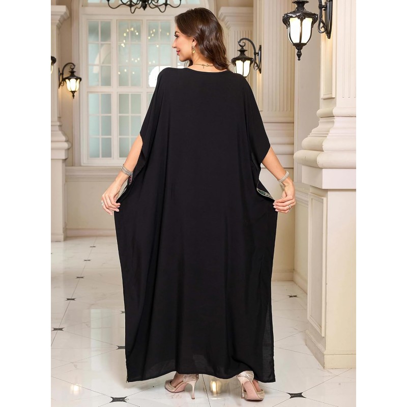 Boho Caftan Maxi Dress - Black Floral Embroidered Women's Boho Caftan Maxi Dress Black Floral Embroidered Beach Cover Up