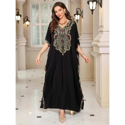 Boho Caftan Maxi Dress - Black Floral Embroidered Women's Boho Caftan Maxi Dress Black Floral Embroidered Beach Cover Up