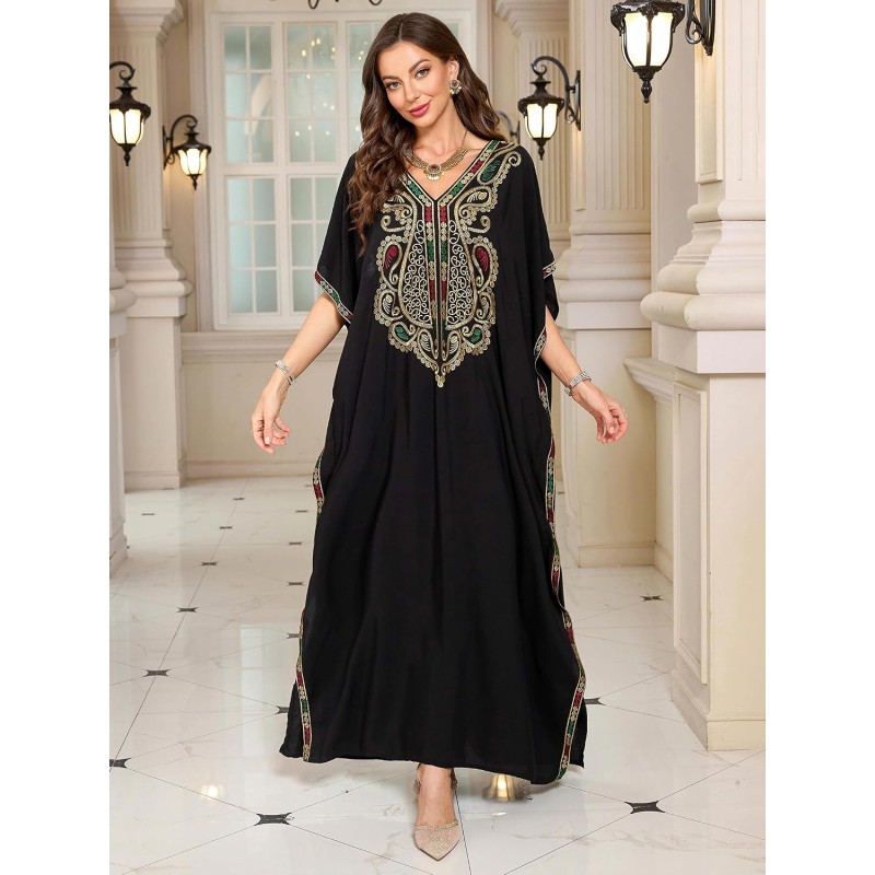 Boho Caftan Maxi Dress - Black Floral Embroidered Women's Boho Caftan Maxi Dress Black Floral Embroidered Beach Cover Up