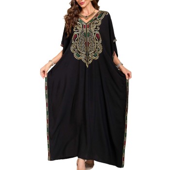 Women's Boho Caftan Maxi Dress - Black Floral Embroidered Beach Cover Up
