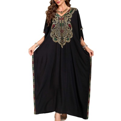 Boho Caftan Maxi Dress - Black Floral Embroidered Women's Boho Caftan Maxi Dress Black Floral Embroidered Beach Cover Up