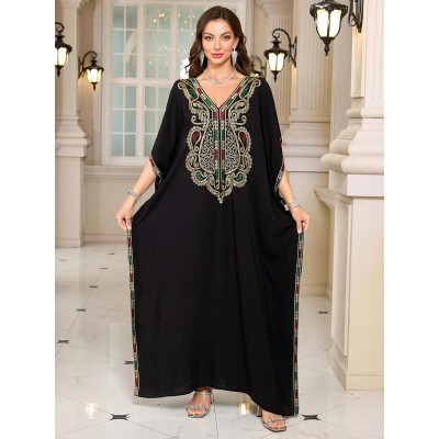 Boho Caftan Maxi Dress - Black Floral Embroidered Women's Boho Caftan Maxi Dress Black Floral Embroidered Beach Cover Up