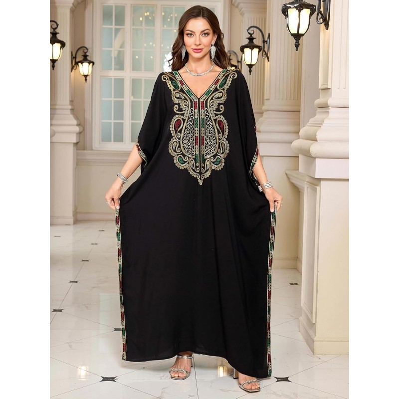 Boho Caftan Maxi Dress - Black Floral Embroidered Women's Boho Caftan Maxi Dress Black Floral Embroidered Beach Cover Up
