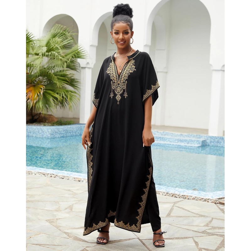 Black bohemian caftan dress plus size beach coverup with ethnic embroidery