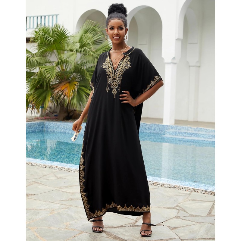 Black bohemian caftan dress plus size beach coverup with ethnic embroidery