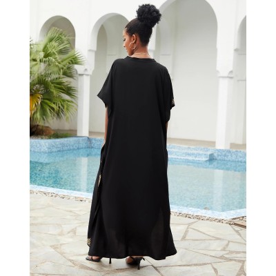 Black bohemian caftan dress plus size beach coverup with ethnic embroidery