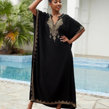 Black Bohemian Caftan Dress – Plus Size Beach Coverup with Ethnic Embroidery