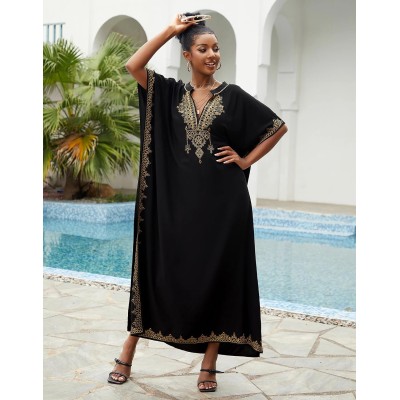 Black bohemian caftan dress plus size beach coverup with ethnic embroidery
