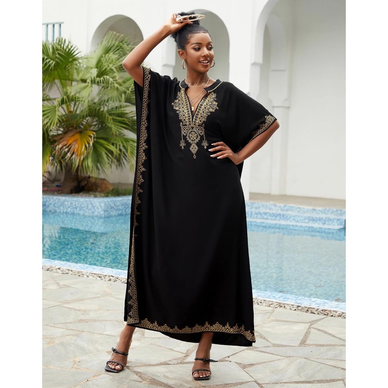 Black bohemian caftan dress plus size beach coverup with ethnic embroidery