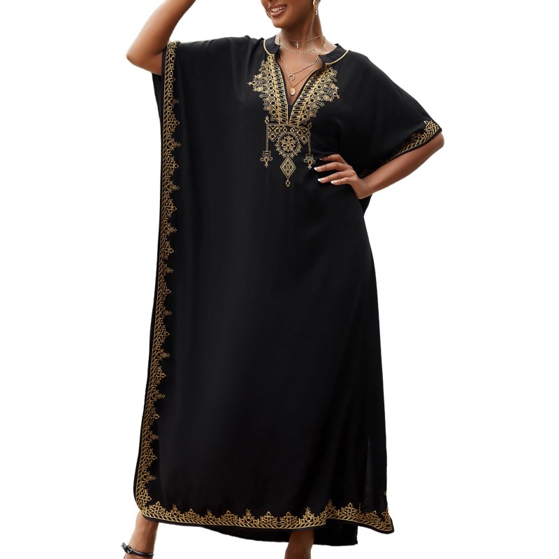 Black bohemian caftan dress plus size beach coverup with ethnic embroidery
