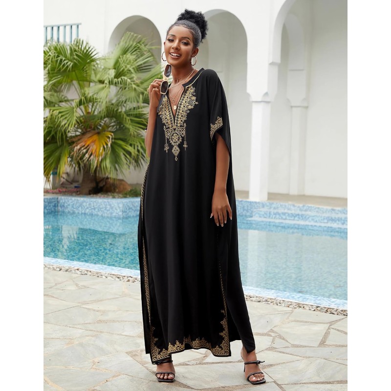 Black bohemian caftan dress plus size beach coverup with ethnic embroidery
