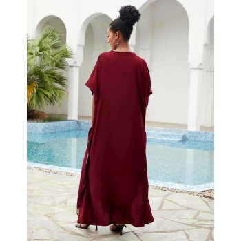 Women's Wine Red Bohemian Floral Kaftan Plus Size Swim Coverup