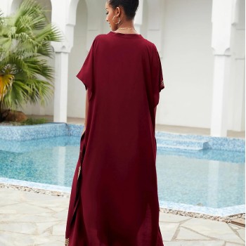 Women's Wine Red Bohemian Floral Kaftan Plus Size Swim Coverup