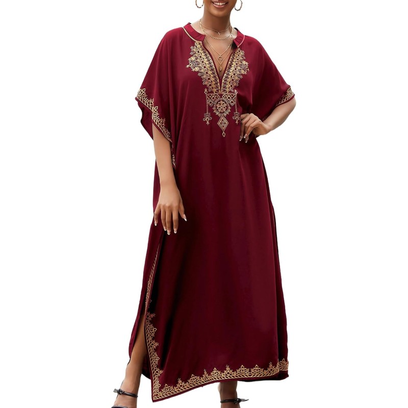 Wine Red Bohemian Floral Kaftan Coverup for Plus Size Women Women's wine red bohemian floral kaftan swim coverup