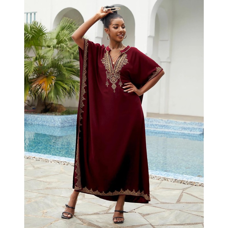 Wine Red Bohemian Floral Kaftan Coverup for Plus Size Women Women's wine red bohemian floral kaftan swim coverup