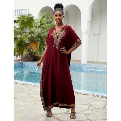 Wine Red Bohemian Floral Kaftan Coverup for Plus Size Women Women's wine red bohemian floral kaftan swim coverup