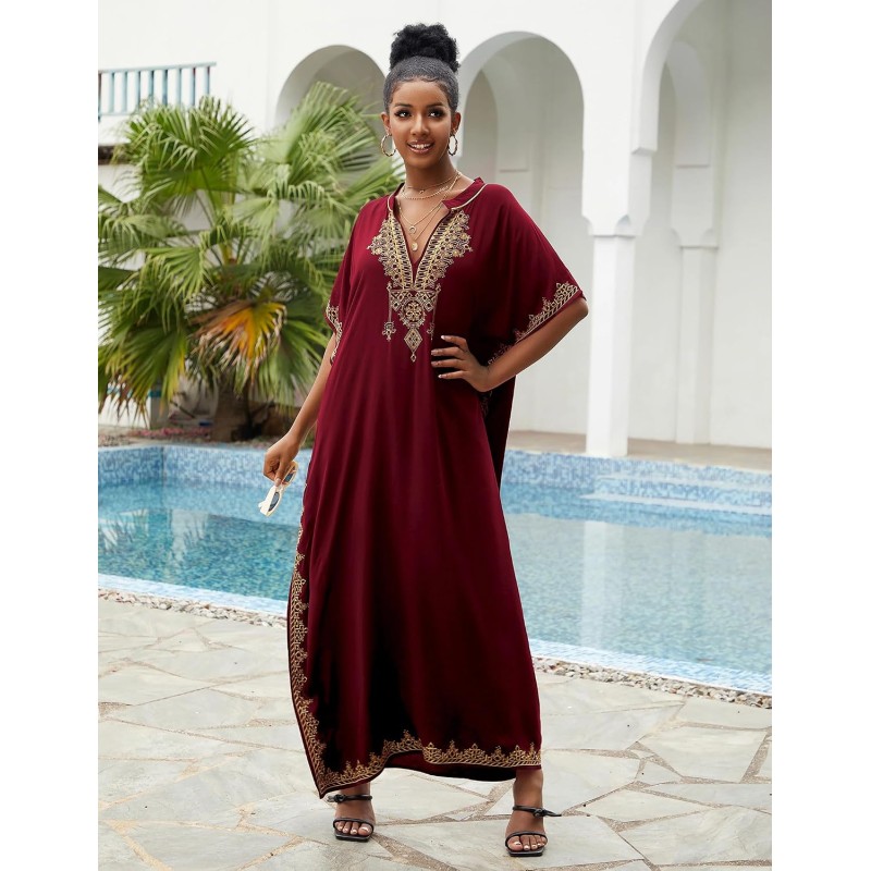 Wine Red Bohemian Floral Kaftan Coverup for Plus Size Women Women's wine red bohemian floral kaftan swim coverup
