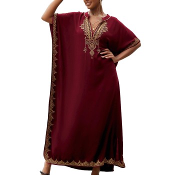 Women's Wine Red Bohemian Floral Kaftan Plus Size Swim Coverup