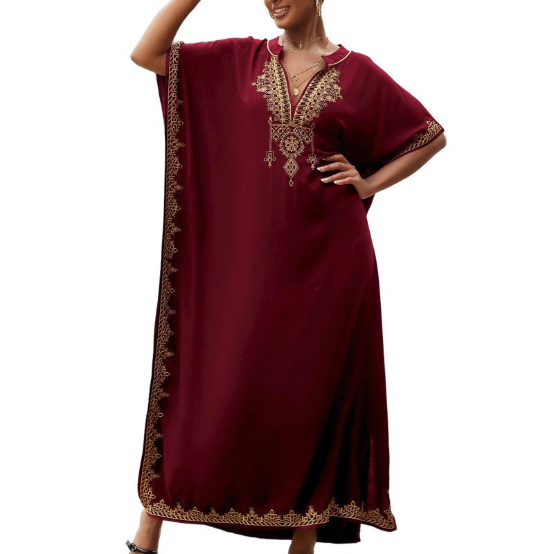 Wine Red Bohemian Floral Kaftan Coverup for Plus Size Women Women's wine red bohemian floral kaftan swim coverup