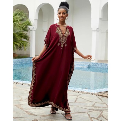 Wine Red Bohemian Floral Kaftan Coverup for Plus Size Women Women's wine red bohemian floral kaftan swim coverup
