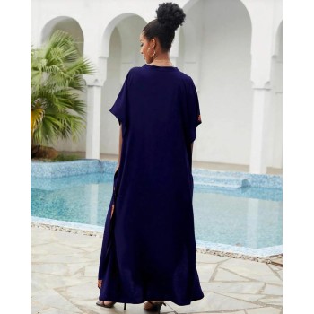 Bohemian Navy Floral Caftan Dress - Plus Size Beach Coverup with Embroidery
