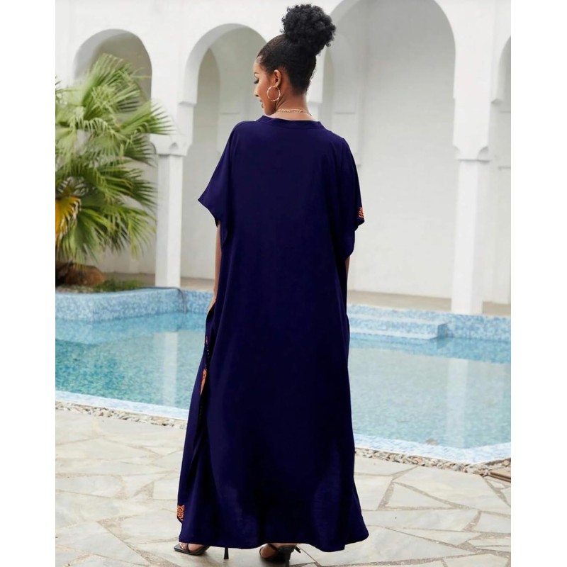 Bohemian Navy Floral Caftan Dress - Plus Size Beach Coverup with Embroidery Plus size woman wearing navy floral caftan dress with embroidery at beach