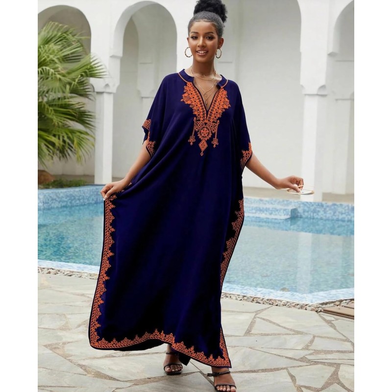 Bohemian Navy Floral Caftan Dress - Plus Size Beach Coverup with Embroidery Plus size woman wearing navy floral caftan dress with embroidery at beach