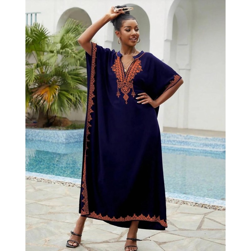 Bohemian Navy Floral Caftan Dress - Plus Size Beach Coverup with Embroidery Plus size woman wearing navy floral caftan dress with embroidery at beach