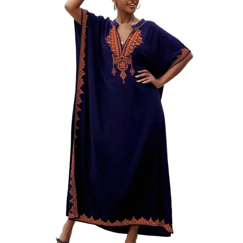 Bohemian Navy Floral Caftan Dress - Plus Size Beach Coverup with Embroidery Plus size woman wearing navy floral caftan dress with embroidery at beach