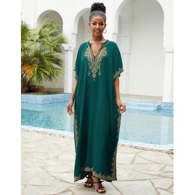 Dark green bohemian floral caftan coverup with ethnic embroidery for plus size women