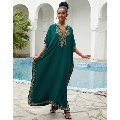 Dark green bohemian floral caftan coverup with ethnic embroidery for plus size women