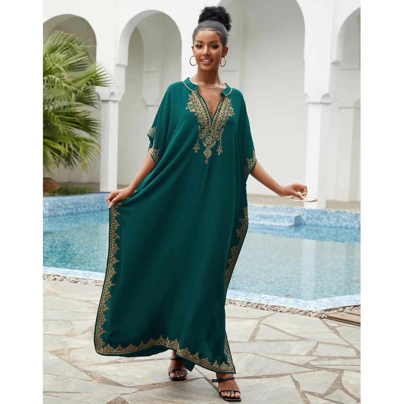 Dark green bohemian floral caftan coverup with ethnic embroidery for plus size women