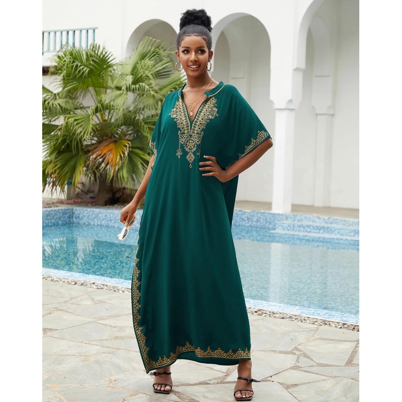Dark green bohemian floral caftan coverup with ethnic embroidery for plus size women