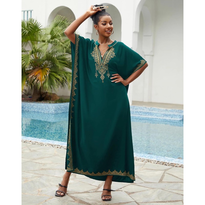 Dark green bohemian floral caftan coverup with ethnic embroidery for plus size women