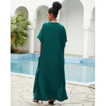 Dark Green Bohemian Floral Caftan Coverup - Plus Size Ethnic Embroidery Beachwear
