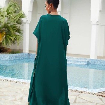 Dark Green Bohemian Floral Caftan Coverup - Plus Size Ethnic Embroidery Beachwear